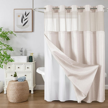 No Hook Waffle Shower Curtain with Snap in Fabric, Waterproof Shower Curtains with See Through Top Window, Hotel Luxury Heavy Duty Bathroom Curtain and Liner Set, 72'' x 75'', Black