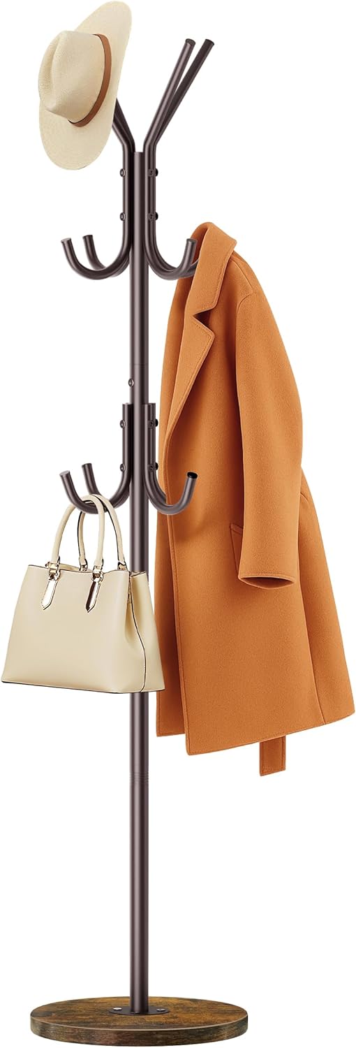 Heavy Duty Coat Rack Freestanding with Stable Wood Base Modern Coat Tree with 12 Hooks Adjustable Coats Hanger Stand Stylish Standing Clothes Tree for Entryway Bedroom Corner Hall