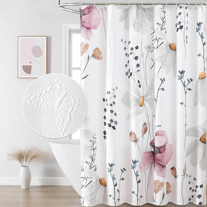 Watercolor Floral Shower Curtain, 3D Embossed Butterflies Grey Beige Flower Bathroom Curtains, Minimalist White Cloth Bath Curtain, Waterproof Fabric Textured Shower Curtain Set with Hooks, 72x72
