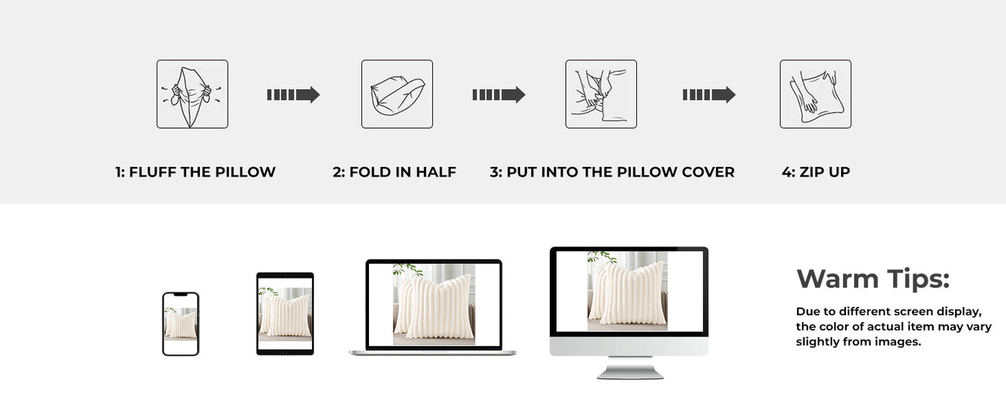 Pallene Faux Fur Plush Throw Pillow Covers 18x18 Set of 2, Luxury Soft Fluffy Striped Decorative Pillow Covers for Sofa, Couch, Living Room, Cream White