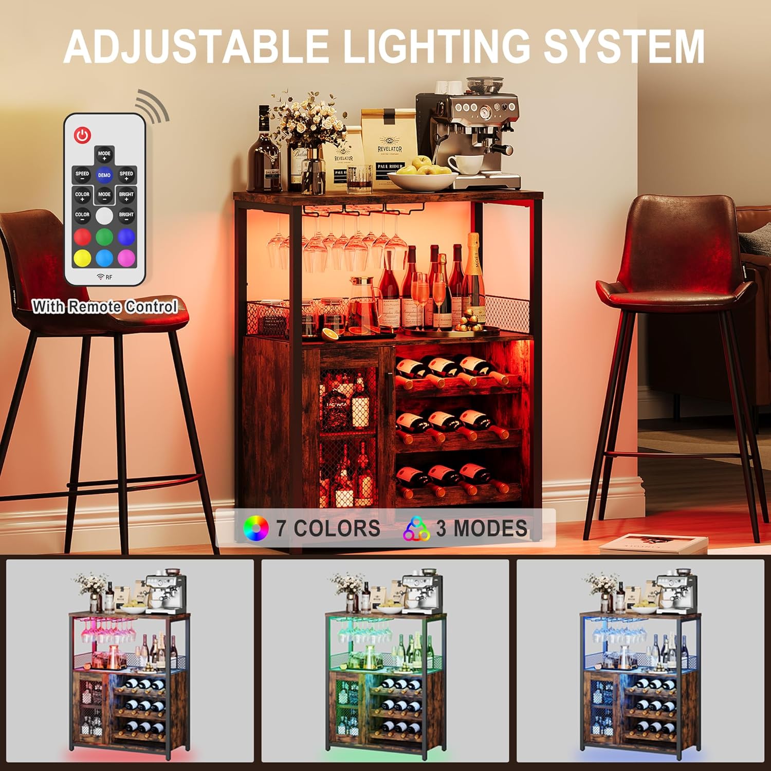 Wine Bar Rack Cabinet with LED Light, Adjustable Shelves Coffee Bar Cabinet with Mesh Door and Baffle Design, 36″ Tall Small Liquor Bar Cabinet for Home, Kitchen, Dinning Room, Rustic Brown