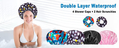 Shower Cap for Women Set of 4, Bath Caps, Double Layers Hair Caps + 2 Satin Hair Scrunchies, Reusable Waterproof Shower Caps, Elastic Hair Cap for Shower - Pattern A