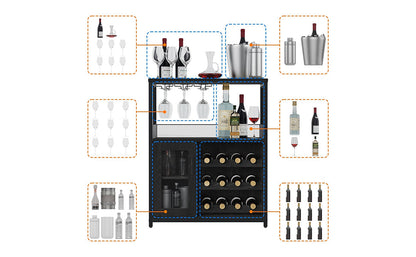 GAOMON Coffee Wine Bar Cabinet with Storage and Detachable Rack, Farmhouse Sideboard and Buffet Cabinet with Glass Holder and Mesh Door, Liquor Coffee Bar Cupboard, Black