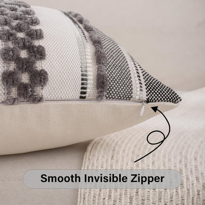 Grey Throw Pillow Covers 18x18 Set of 2 Boho Stripe Pillow Covers Tufted Decorative Pillow Case Accent Pillowcase Farmhouse Cushion Case Nuetral Textured Pillow Cover Spring Home Decor