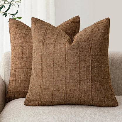 Foindtower Set of 2 Decorative Linen Check Throw Pillow Covers Neutral Farmhouse Vintage Cushion Covers Modern Boho Home Decor for Sofa Chair Couch Bedroom Living Room,18×18 Inch,Natural Beige
