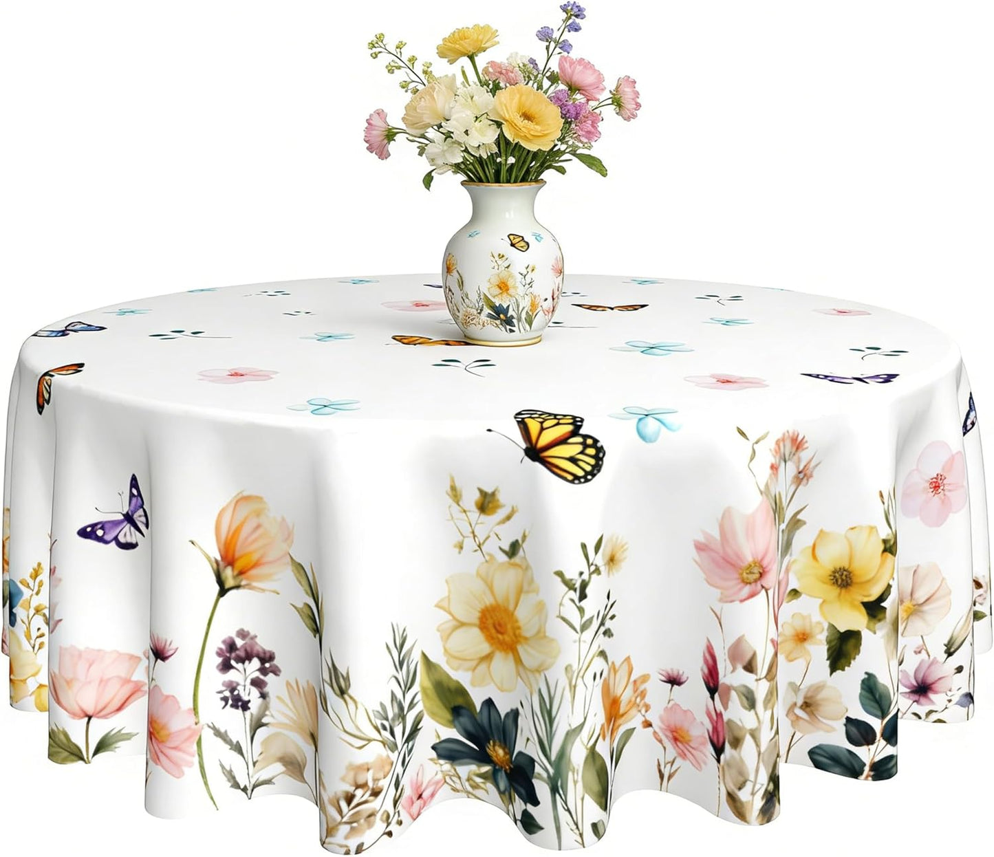 Spring Tablecloth 60 x 60 Inch Round Watercolor Flowers Table Cover Waterproof Wipeable Reusable for Kitchen Restaurant Home Parties Season Decor