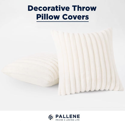 Pallene Faux Fur Plush Throw Pillow Covers 18x18 Set of 2, Luxury Soft Fluffy Striped Decorative Pillow Covers for Sofa, Couch, Living Room, Cream White