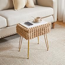 Rectangle Vanity Chair with Storage Space, Footrest Footstool Ottoman, Vanity Stool, Dressing Table Chair, with Anti-Slip Feet, for Makeup Room, Bedroom, Square Grid Pattern, White WBD004W