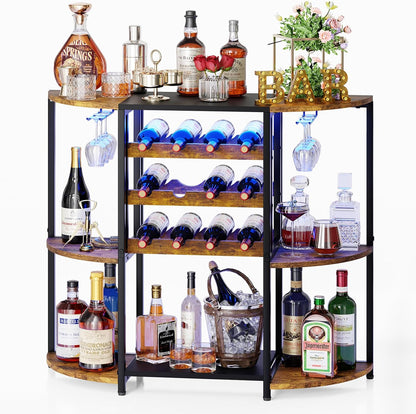 JKsmart Wine Bar Cabinet with LED Lights, Mini Wine Rack with Storage and Glass Holder, Home Bar Cart for Liquor, 3-Tier Bar Table for Kitchen, Dining Room, Living Room, Rustic Brown