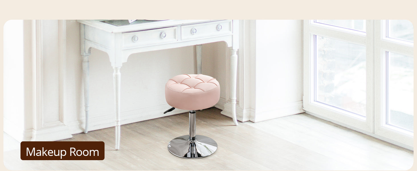Adjustable Vanity Stool, 360 Swivel Chair for Makeup Room, White Faux Leather Stool for Bathroom & Living Room