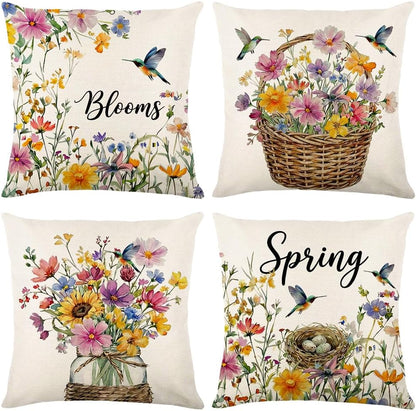 wyooxoo Throw Pillow Covers 18x18 Set of 4 Decorative Spring Pillow Covers Linen Flower Butterfly Farmhouse Pillowcases for Sofa Couch Living Room Outdoor