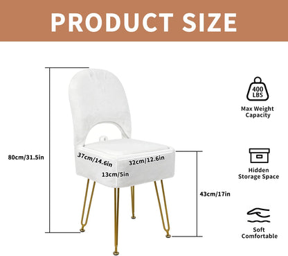 New Upgrade Small Vanity Chair with Storage and Folding Back, White Vanity Stool wiht Ergonomic Backrest and Metal Legs, Furry Padded Ottoman for Makeup Room, Bedroom
