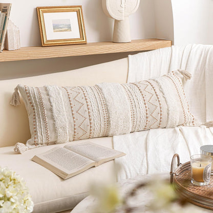 BlissBlush 14x36 Lumbar Pillow Cover for Bed, Rectangular Long Decorative Throw Pillowcase, Boho Accent Cushion with Tufted Pattern and Tassels, Cream Beige Neutral (Cover Only)