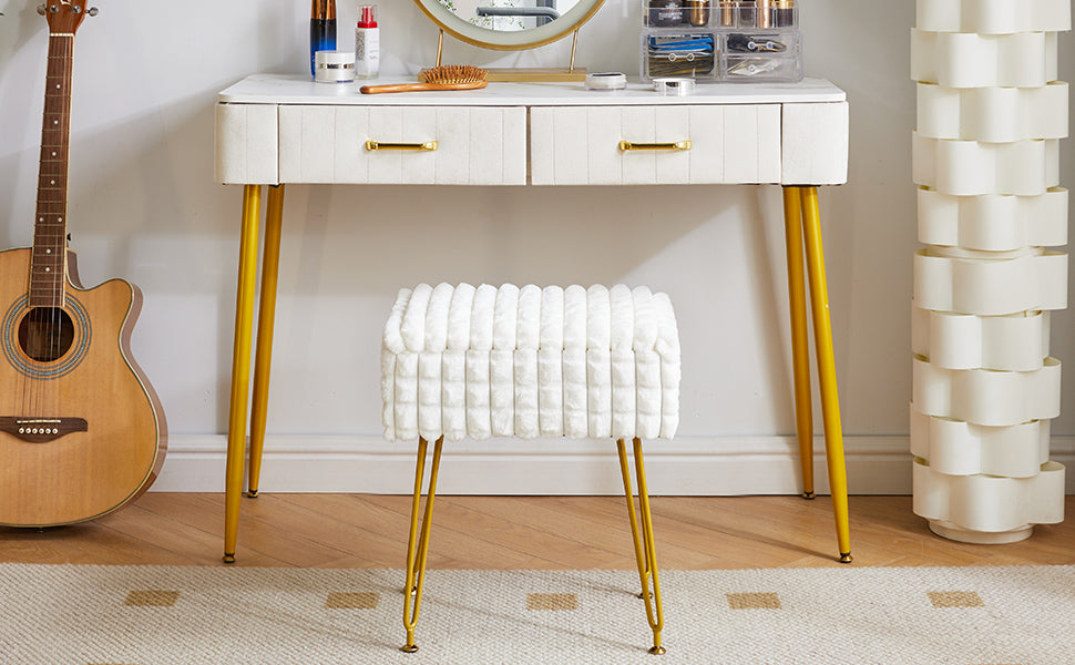 Rectangle Vanity Chair with Storage Space, Footrest Footstool Ottoman, Vanity Stool, Dressing Table Chair, with Anti-Slip Feet, for Makeup Room, Bedroom, Square Grid Pattern, White WBD004W