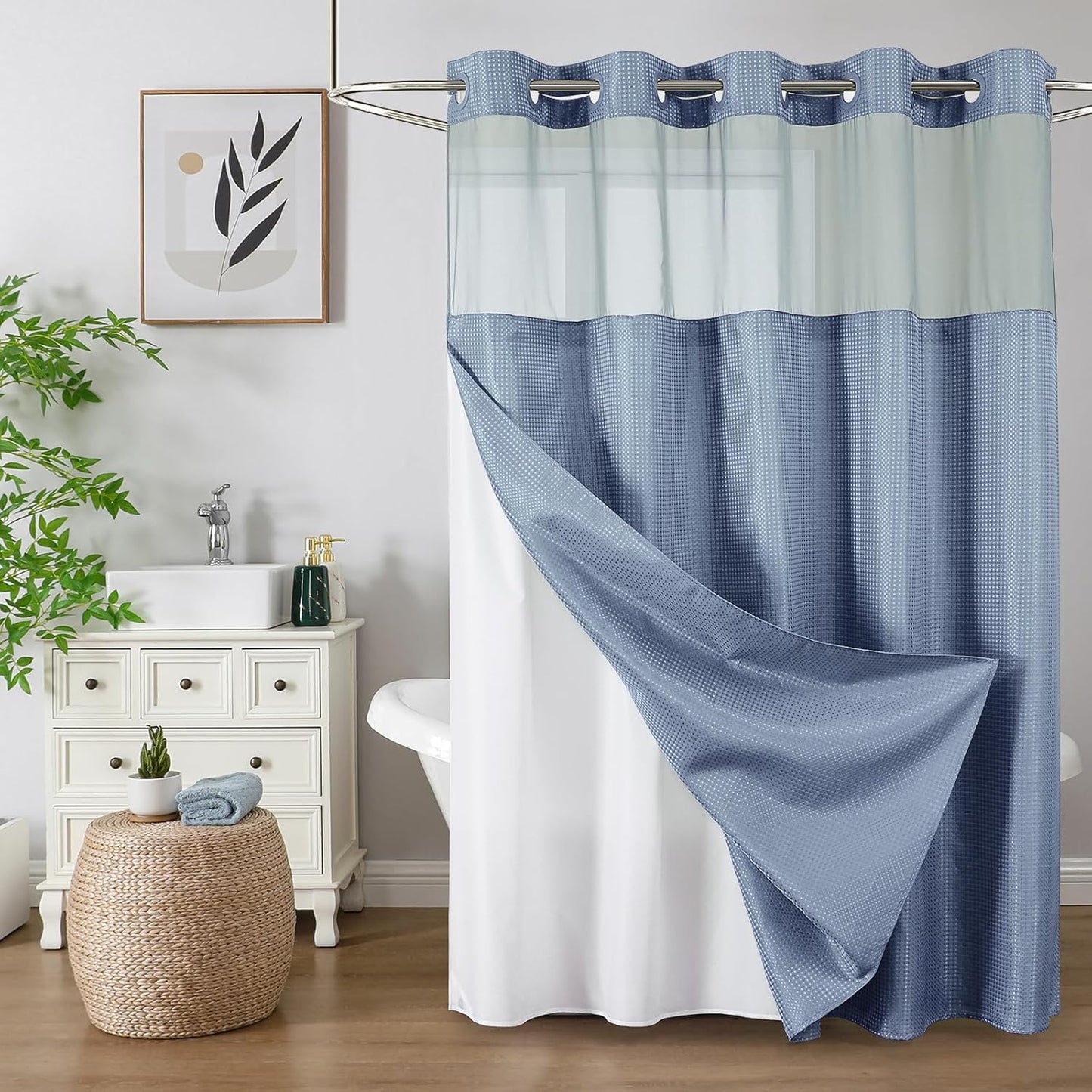 No Hook Waffle Shower Curtain with Snap in Fabric, Waterproof Shower Curtains with See Through Top Window, Hotel Luxury Heavy Duty Bathroom Curtain and Liner Set, 72'' x 75'', Black