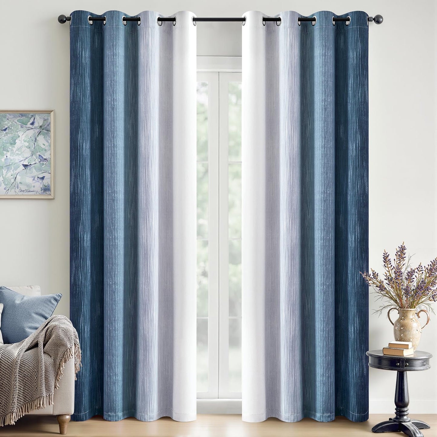Ombre 100% Blackout Curtains, Navy Blue and Greyish White Full Room Darkening Thermal Insulated 84 Inches Long Drapes for Bedroom/Living Room Grommet Window Treatments Modern 52Wx84L, Set of 2