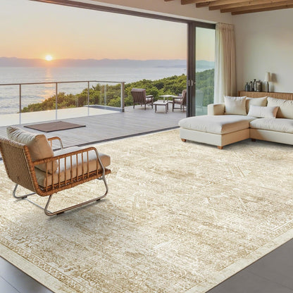 Soalmost Washable Area Rug 8x10, Large Soft Rugs for Living Room Vintage Beige Carpet 8x10 Area Rugs for Bedroom Dining Room Non-Slip Stain Resistant Under Table Rug
