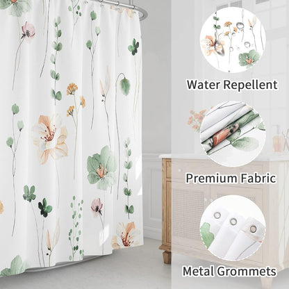 Watercolor Floral Shower Curtain, Sage Green Beige Flower Shower Curtain for Bathroom, Modern Minimalist White Waterproof Fabric Shower Curtain Set 72x72 Inch