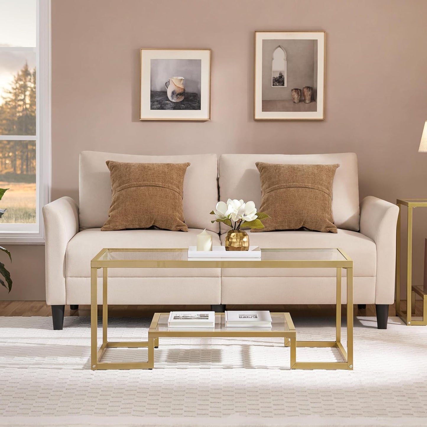Yaheetech Gold Coffee Table, 42" Rectangular Glass Coffee Table for Living Room, 2-Tier Living Room Tables with Storage Center Tea Tables with Metal Frame for Small Space, Apartment, Office