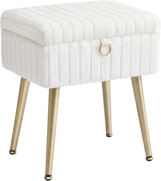 Vanity Stool Chair Faux Fur with Storage, Vanity Bench, Metal Legs, Adjustable Feet, for Living Room, Bedroom, Makeup Room, Cream White ULOM505WZ02