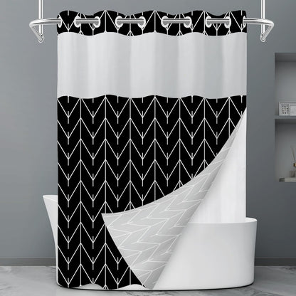 No Hook Grey White Striped Shower Curtain with Snap in Fabric Liner Set - Hotel Liner Set with See Through Mesh Top Window,Machine Washable, 71x74 INCH