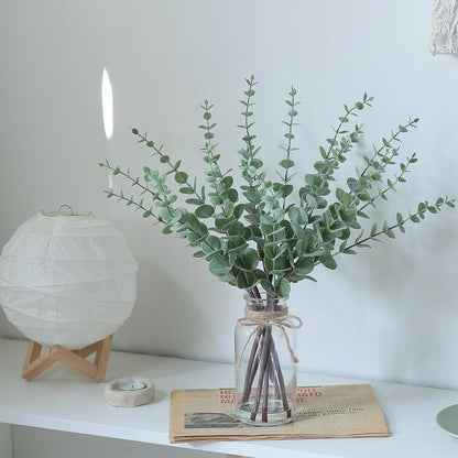 17.5" Artificial Eucalyptus Stems in Glass Vase with Faux Water,Fake Plant Eucalyptus Leaves White Seeds for Centerpiece Table Decorations Farmhouse Wedding Home Greenery Decor (Sage Green)