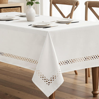 Beige Rectangle Linen Polyester Tablecloth with Decorative Cutouts Spring Waterproof Stain Resistant & Shrink-Proof Table Cloth 52x70 inch Farmhouse Style for Dining Wedding and Outdoor