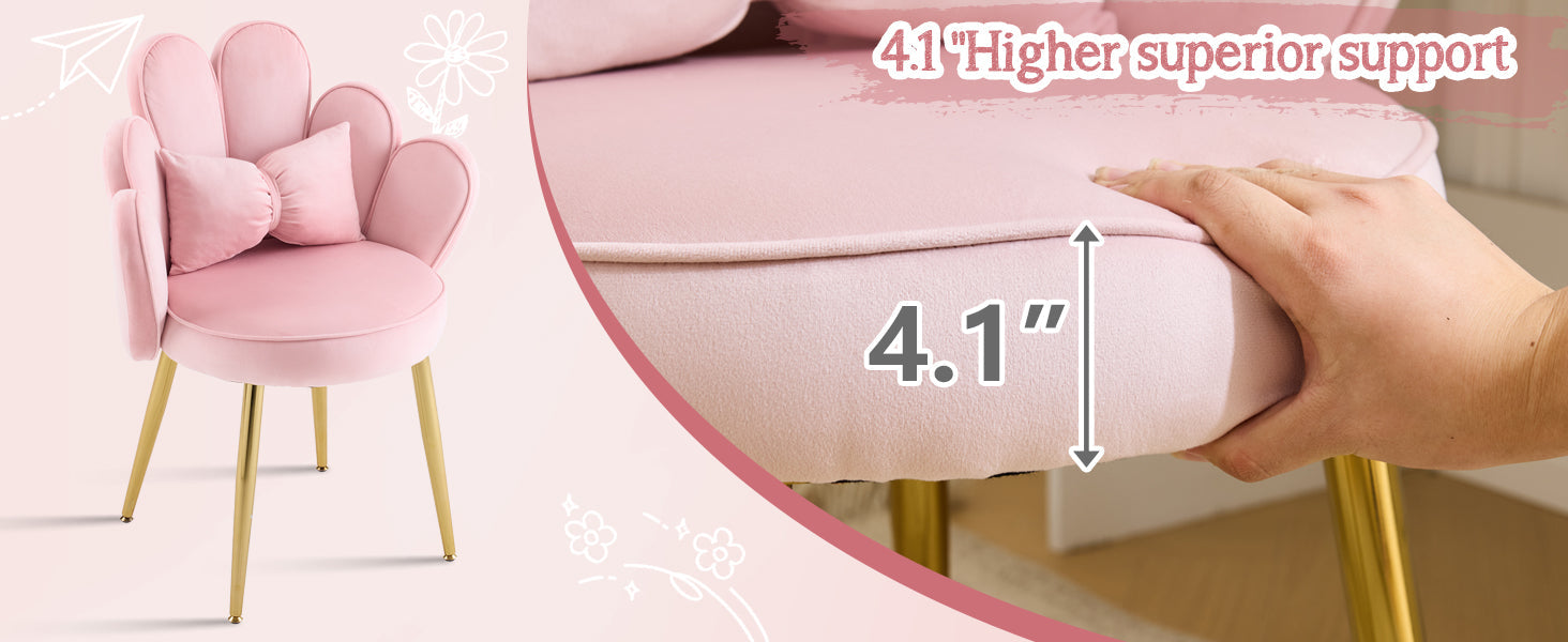 Makeup Vanity Chair with Back,Flower Cute Girls Desk Chair Comfy No Wheels,Modern Dining Chair,Small Accent Chair with Adustable Gold Legs&Bow Pillow for Home Office,Bedroom,Velvet,Pink