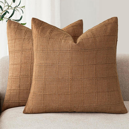 Foindtower Set of 2 Decorative Linen Check Throw Pillow Covers Neutral Farmhouse Vintage Cushion Covers Modern Boho Home Decor for Sofa Chair Couch Bedroom Living Room,18×18 Inch,Natural Beige