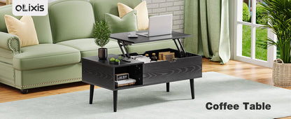 OLIXIS Wood Lift Top Coffee Table with Hidden Compartment and Large Storage Shelf, Lift Tabletop Dining Center Table for Home Living Room Office, Black