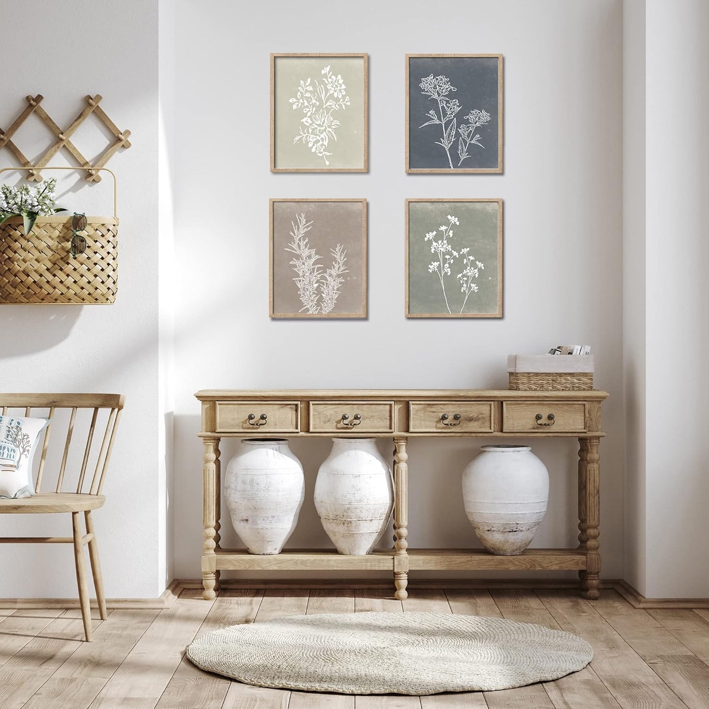 Framed Boho Wall Art Set of 4 for Wooded Minimalist Botanical Print Wall Art for Rustic Vintage Farmhouse Home Kitchen Wall Decor (Brown, 11x14)
