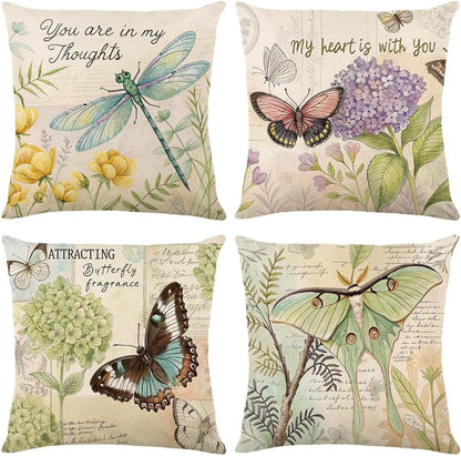 wyooxoo Throw Pillow Covers 18x18 Set of 4 Decorative Spring Pillow Covers Linen Flower Butterfly Farmhouse Pillowcases for Sofa Couch Living Room Outdoor