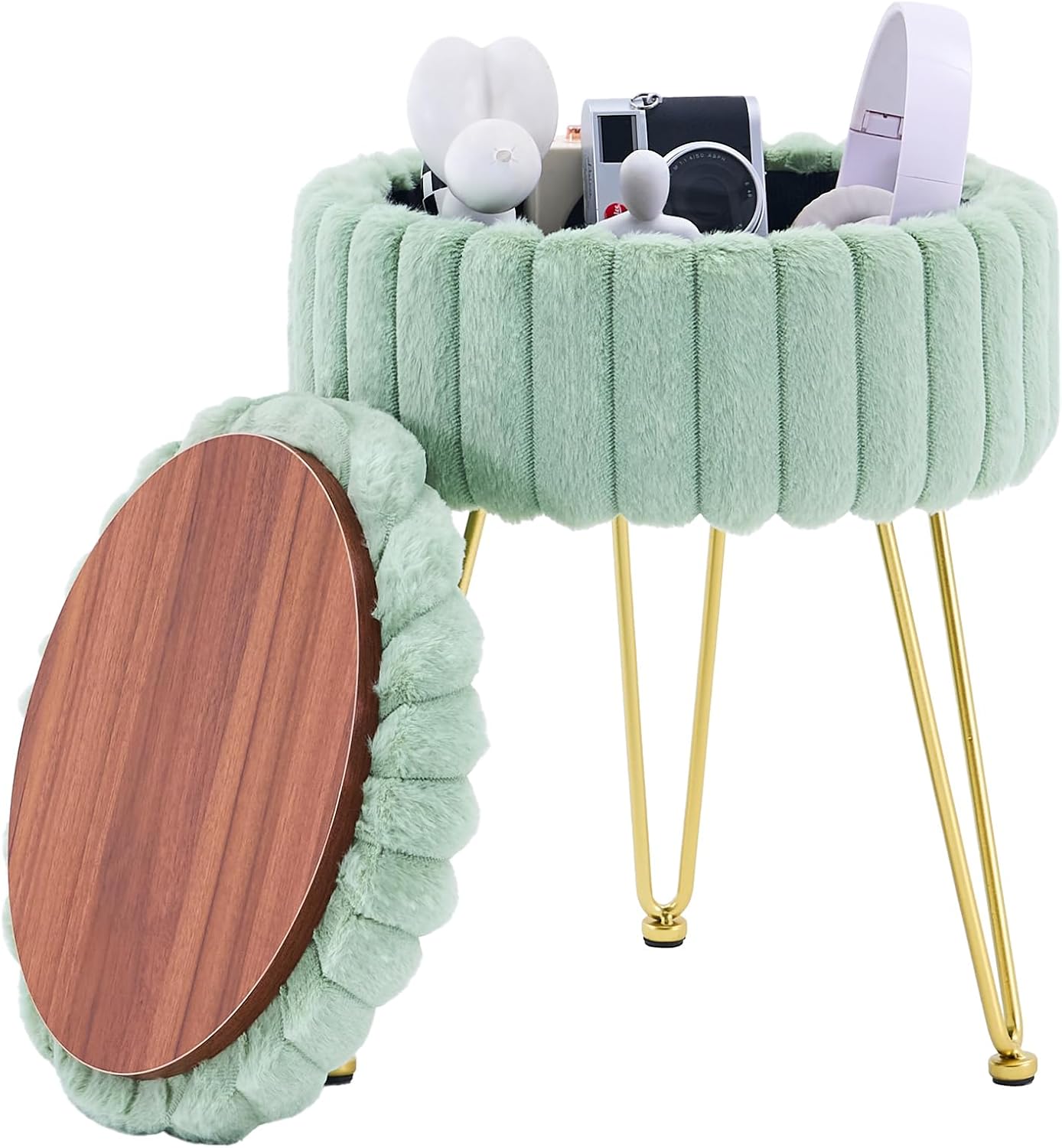Vanity Stool with Storage, Faux Fur Ottoman Chair with Metal Legs, Round Makeup Vanity Chair for Bedroom or Dressing Table, Modern Small Ottoman Seat (Pink)