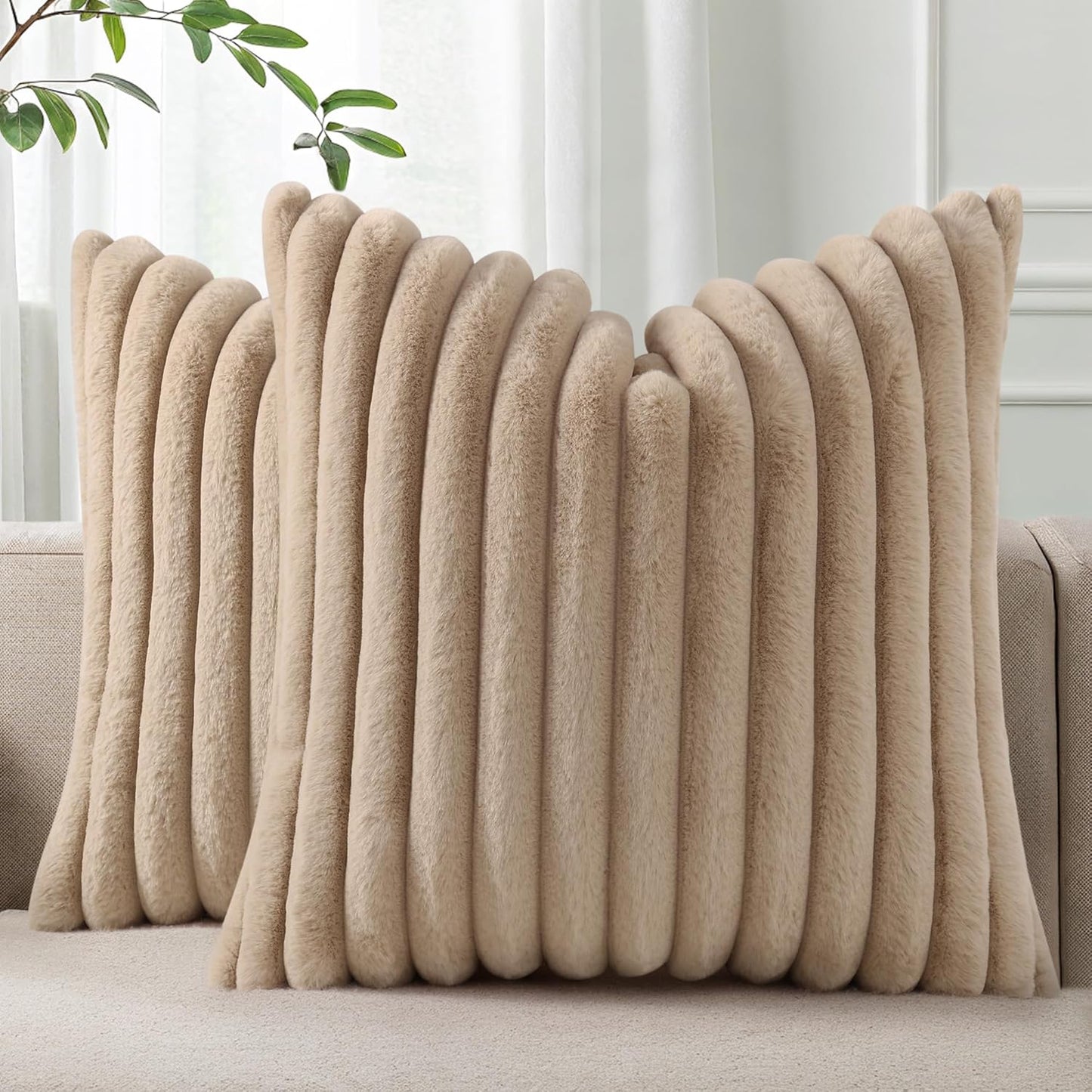 Pallene Faux Fur Plush Throw Pillow Covers 18x18 Set of 2, Luxury Soft Fluffy Striped Decorative Pillow Covers for Sofa, Couch, Living Room, Cream White